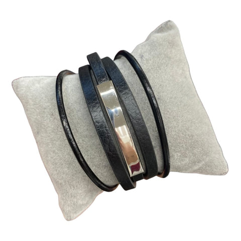 Simple Black and Silver Leather Bracelet