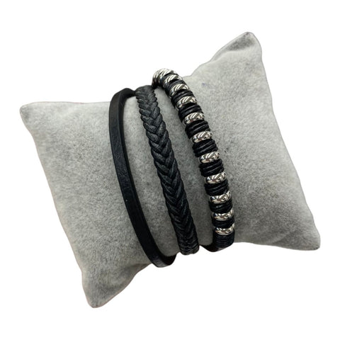 Black Braided Leather Bracelet With Silver Beads