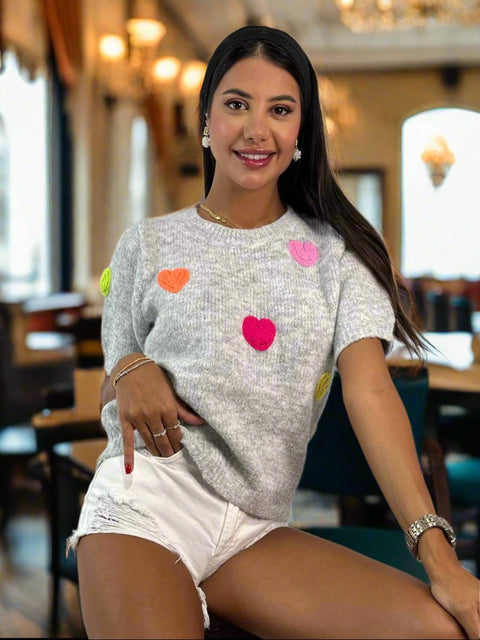 Short Sleeve Heart Wool Sweater