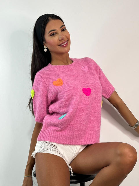 Short Sleeve Heart Wool Sweater